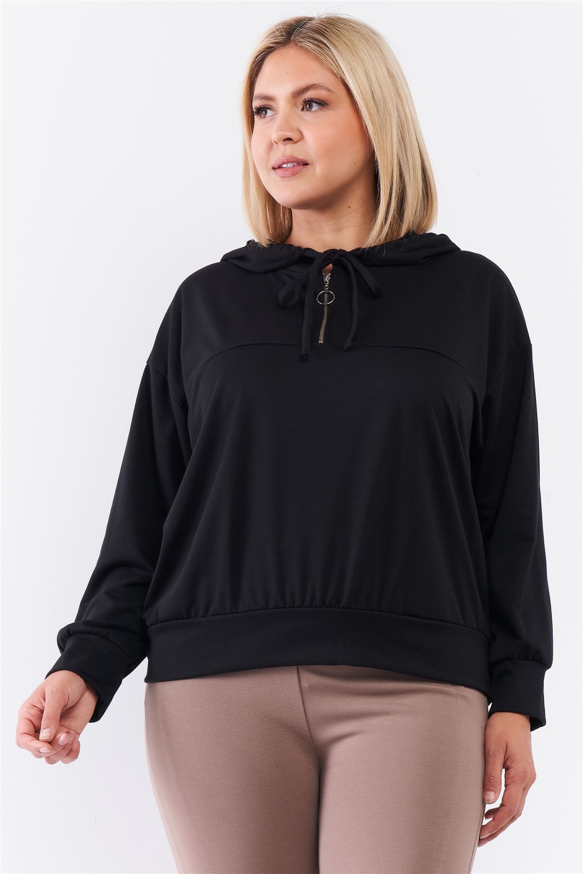 Plus Black Oversize High Neck Zip-up Detail Draw String Tie Hoodie Sweatshirt - Fashion Quality Boutik
