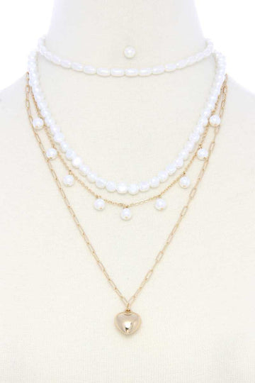 Puffy Heart Charm Pearl Bead Layered Necklace - Fashion Quality Boutik