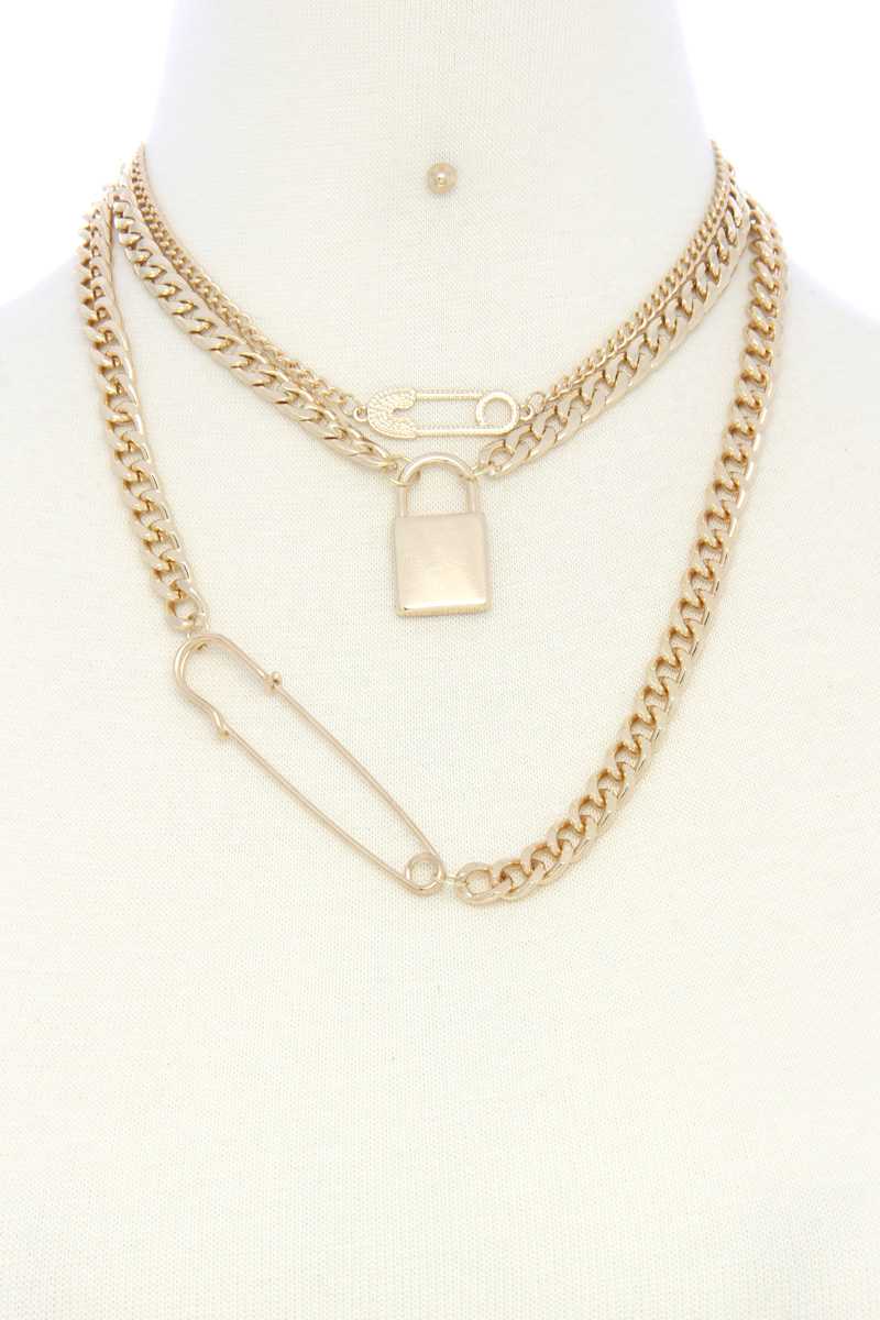 Safety Pin Lock Char Curb Link Layered Necklace - Fashion Quality Boutik