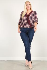 Plaid 3/4 Sleeve Top With Hi-lo Hem, V-neckline, And Relaxed Fit - Fashion Quality Boutik