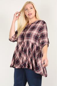 Plus Size Roll Sleeve Baby Doll Plaid Tunic Top - Fashion Quality Boutik