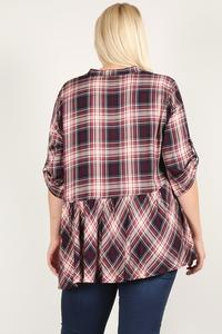 Plus Size Roll Sleeve Baby Doll Plaid Tunic Top - Fashion Quality Boutik