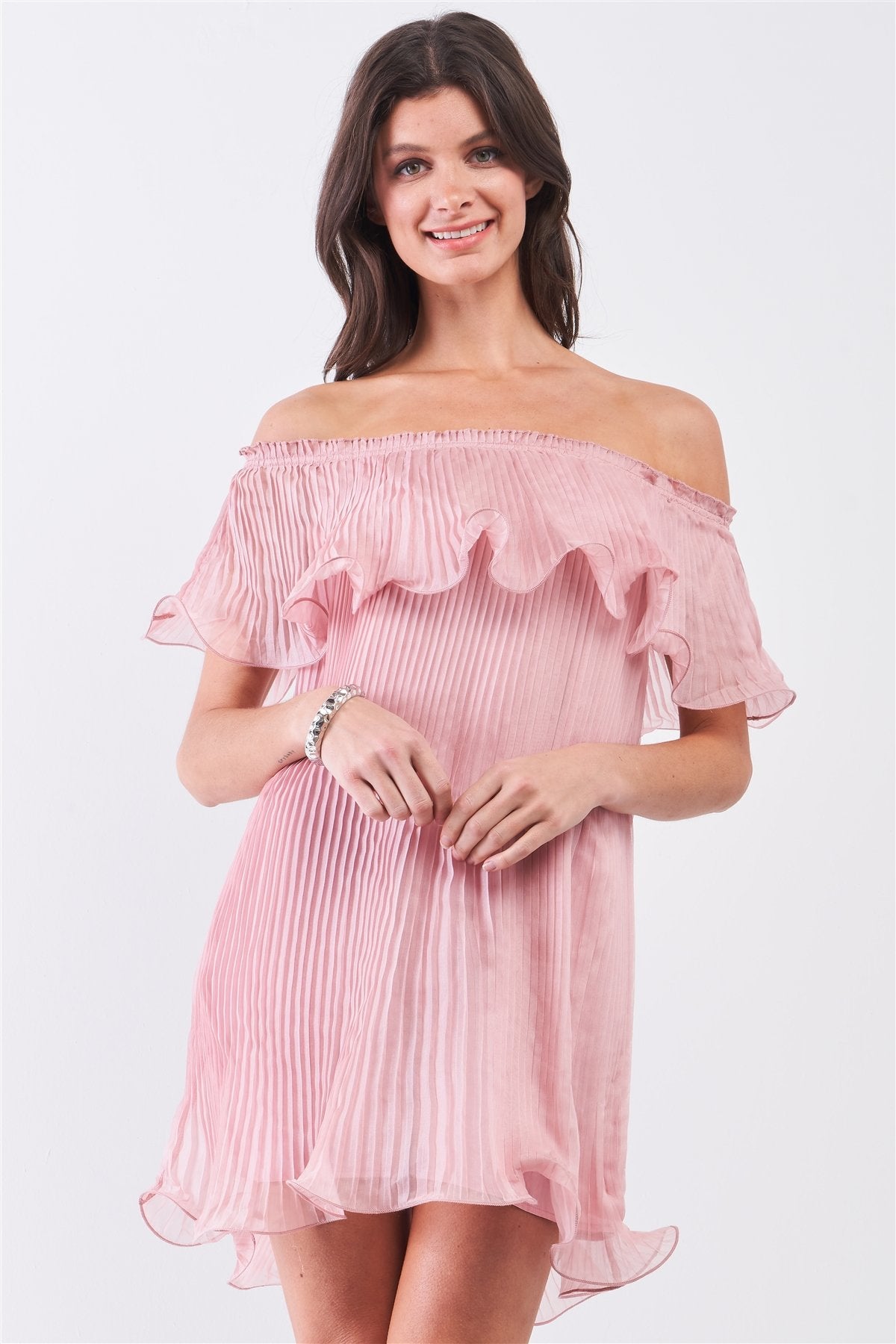 Pink Pleated Off-the-shoulder Double Layered Frill Trim Mini Dress - Fashion Quality Boutik