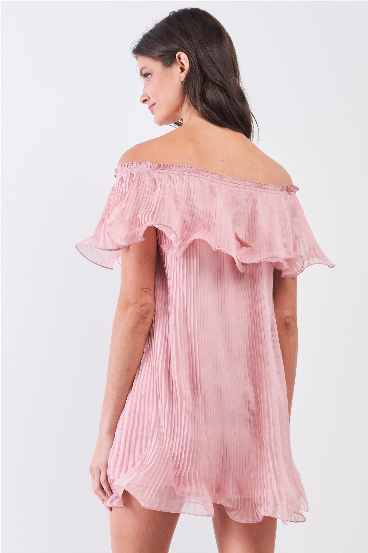 Pink Pleated Off-the-shoulder Double Layered Frill Trim Mini Dress - Fashion Quality Boutik