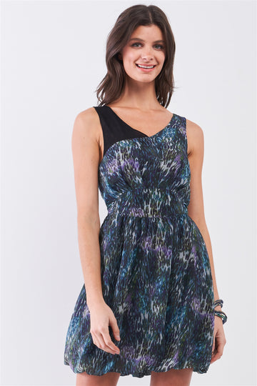 Navy Blue Sleeveless Mesh V-neck Self-tie Waist Stitched Together Bottom Mini Dress - Fashion Quality Boutik