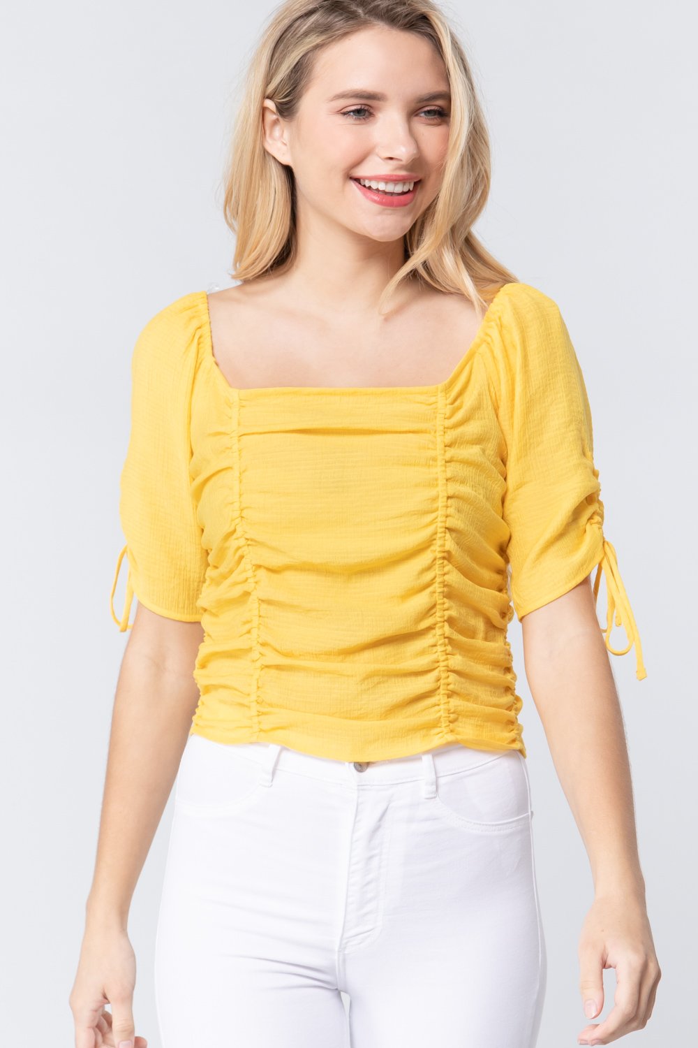 Elbow Slv Smocked Ruched Woven Top - Fashion Quality Boutik
