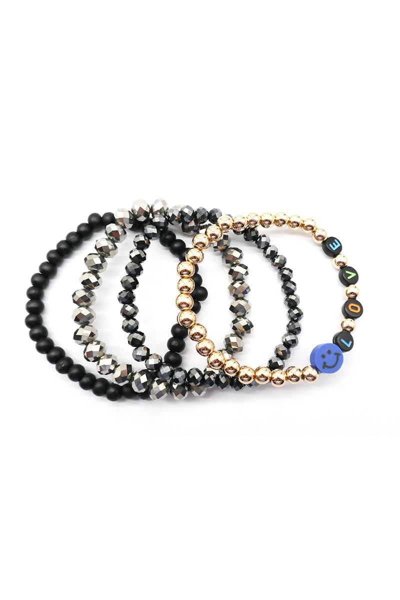 Wood Metal Glass Bead Smile Love Stretch 4 Pc Bracelet - Fashion Quality Boutik