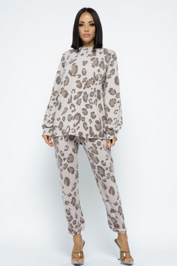 Brushed Animal Long Sleeve Loose Top W Sweatpants Set - Fashion Quality Boutik