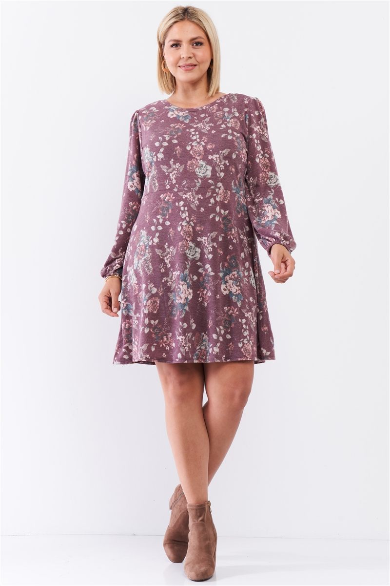 Plus Washed Burgundy Floral Print Long Puff Sleeve Relaxed Mini Dress - Fashion Quality Boutik