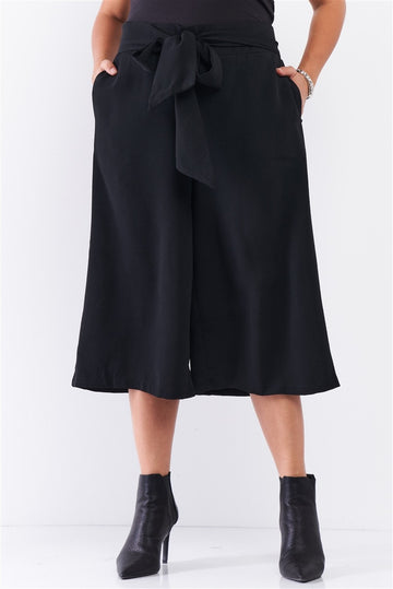 Plus Black Self-tie High Waist Detail Wide Leg Midi Length Pants - Fashion Quality Boutik
