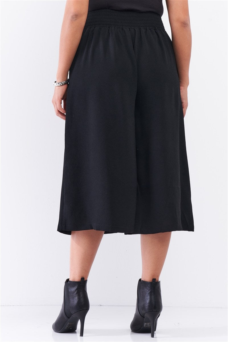 Plus Black Self-tie High Waist Detail Wide Leg Midi Length Pants - Fashion Quality Boutik