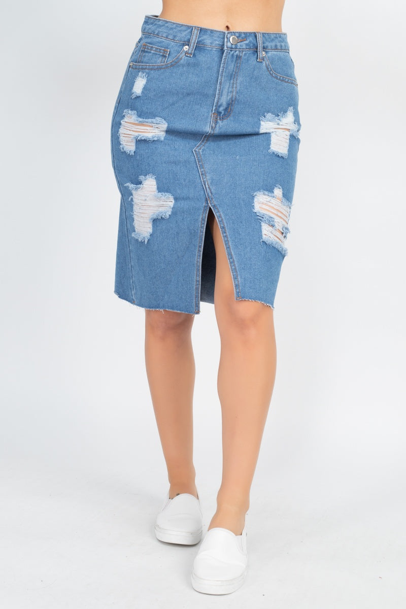 Distressed Front Slit Denim Skirt - Fashion Quality Boutik