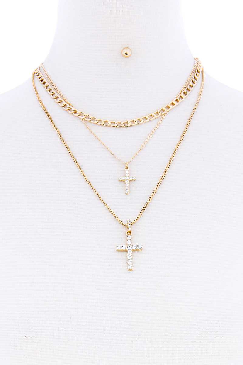 Triple Layer Rhinestone Double Cross Necklace With Earring Set - Fashion Quality Boutik