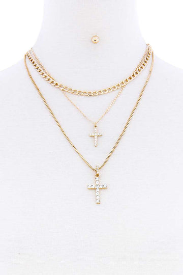 Triple Layer Rhinestone Double Cross Necklace With Earring Set - Fashion Quality Boutik