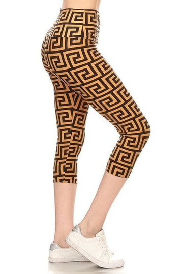 Yoga Style Banded Lined Meander Printed Knit Capri Legging With High Waist. - Fashion Quality Boutik