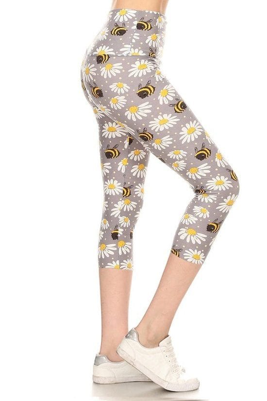 Yoga Style Banded Lined Floral And Bee Printed Knit Capri Legging With High Waist. - Fashion Quality Boutik