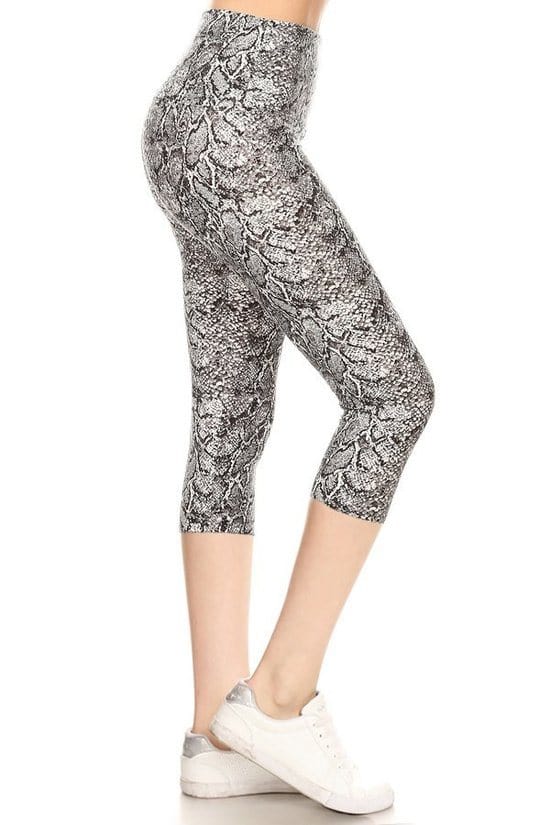 Yoga Style Banded Lined Snakeskin Printed Knit Capri Legging With High Waist - Fashion Quality Boutik