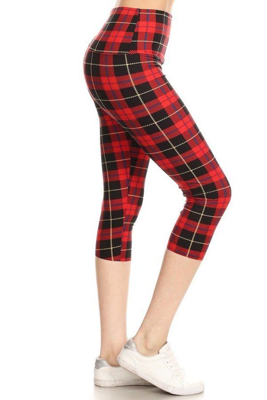 Yoga Style Banded Lined Plaid & Checkered Printed Knit Capri Legging With High Waist - Fashion Quality Boutik