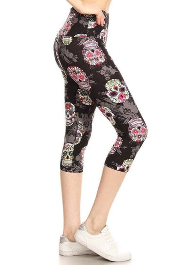 Yoga Style Banded Lined Sugar Skull Printed Knit Capri Legging With High Waist - Fashion Quality Boutik