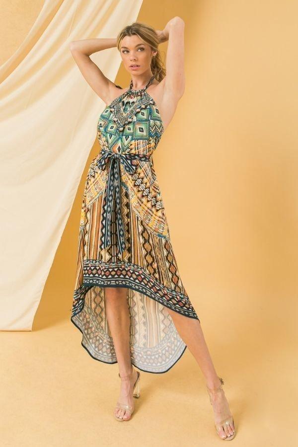Halter Neck High Low Dress With Mixed Print - Fashion Quality Boutik