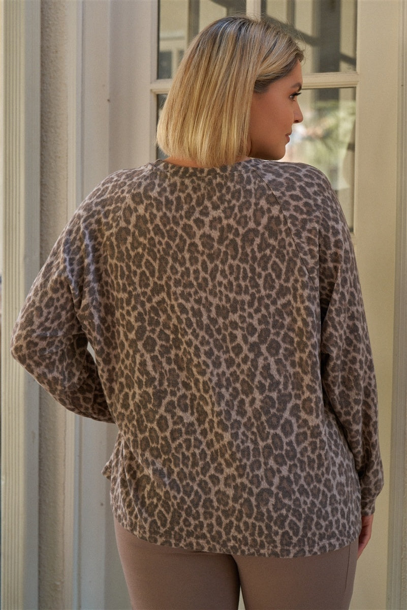 Plus Taupe & Black Cheetah Round Neck Long Sleeve Relaxed Fit Top - Fashion Quality Boutik