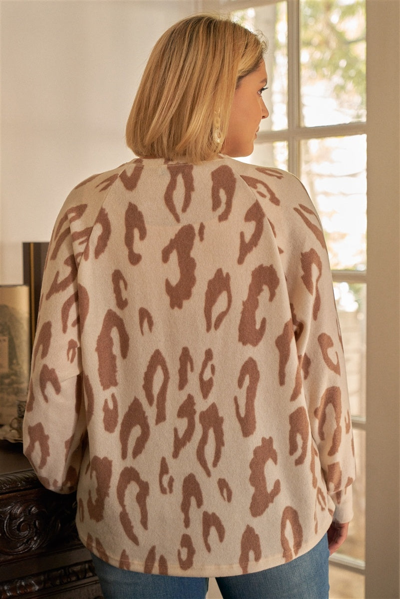 Plus Ivory & Taupe Leopard Print Round Neck Long Sleeve Super Soft Sweatshirt - Fashion Quality Boutik