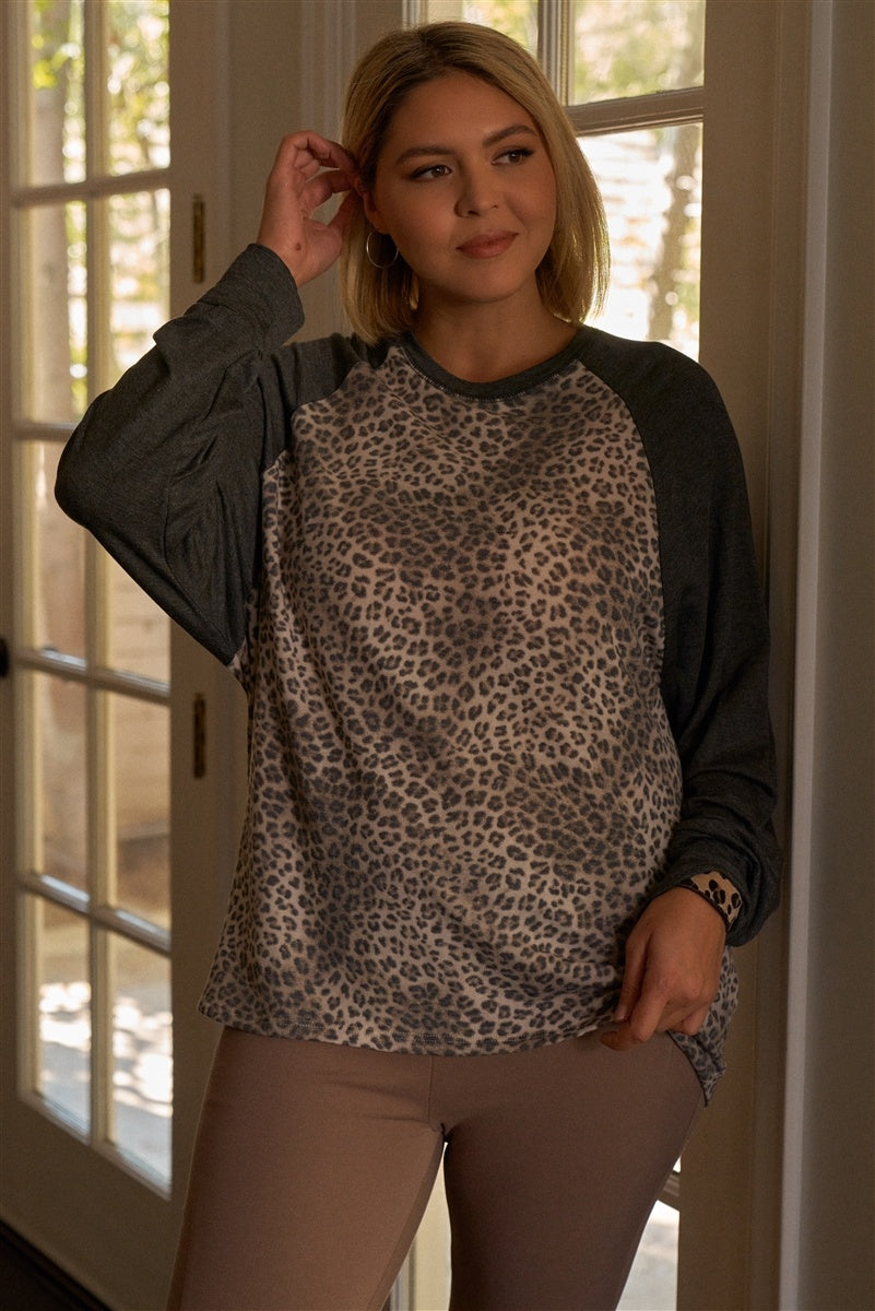 Plus Size Khaki & Charcoal Leopard Print Long Sleeve Relaxed Top - Fashion Quality Boutik