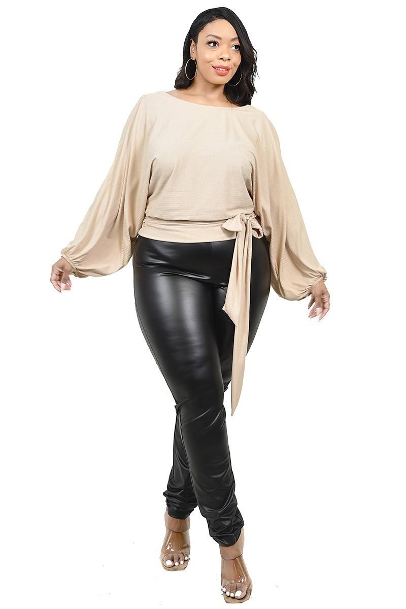 Plus Relaxed Long Sleeve Tie Waist Top - Fashion Quality Boutik