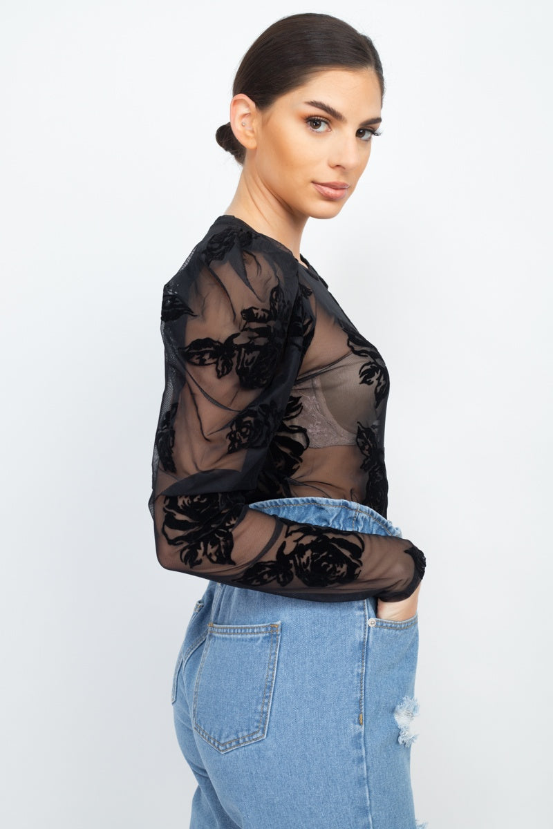 Floral-embroidered Long Puff Sleeves Top - Fashion Quality Boutik