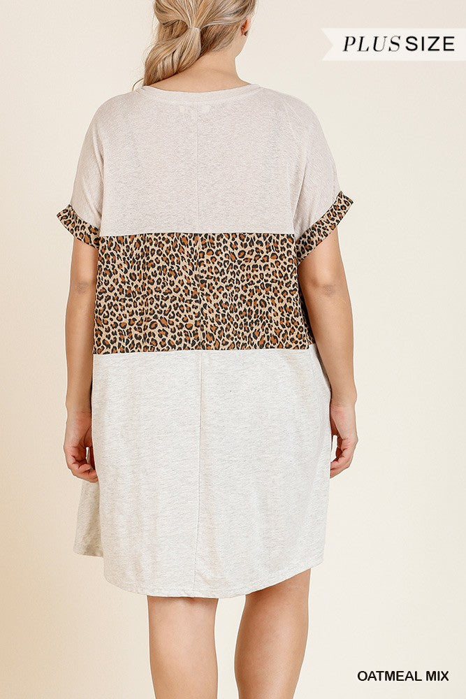 Linen Blend Short Folded Sleeve Animal Print Colorblocked V-neck Dress With Pockets - Fashion Quality Boutik