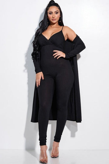 Solid Rib Knit Spaghetti Strap Jumpsuit And Duster Two Piece Set - Fashion Quality Boutik