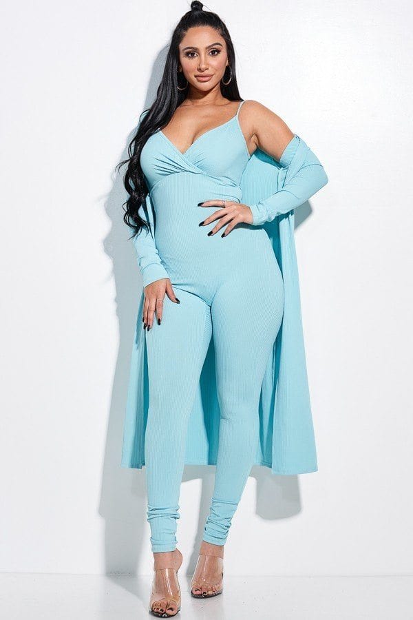 Solid Rib Knit Spaghetti Strap Jumpsuit And Duster Two Piece Set - Fashion Quality Boutik