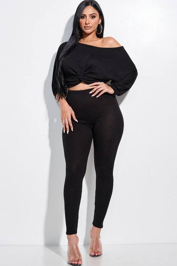 Solid Rib Knit Knotted Front Top And Leggings Two Piece Set - Fashion Quality Boutik