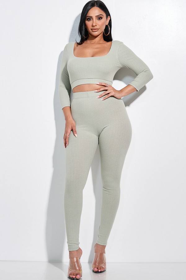 Solid Pointelle Stitch 3/4 Sleeve Scoop Neck Cropped Top And Leggings Two - Fashion Quality Boutik