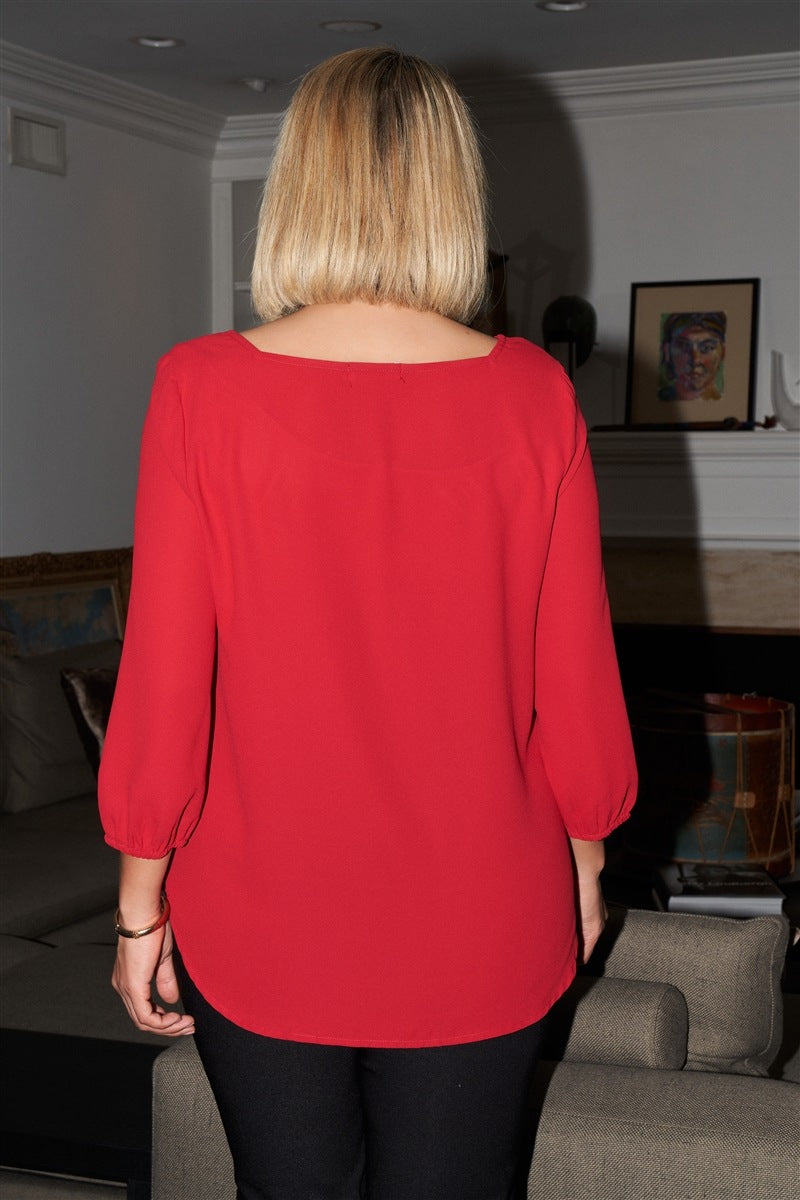 Plus Red Square Neck 3/4 Puff Sleeve With Elasticated Hem Loose Fit Top - Fashion Quality Boutik