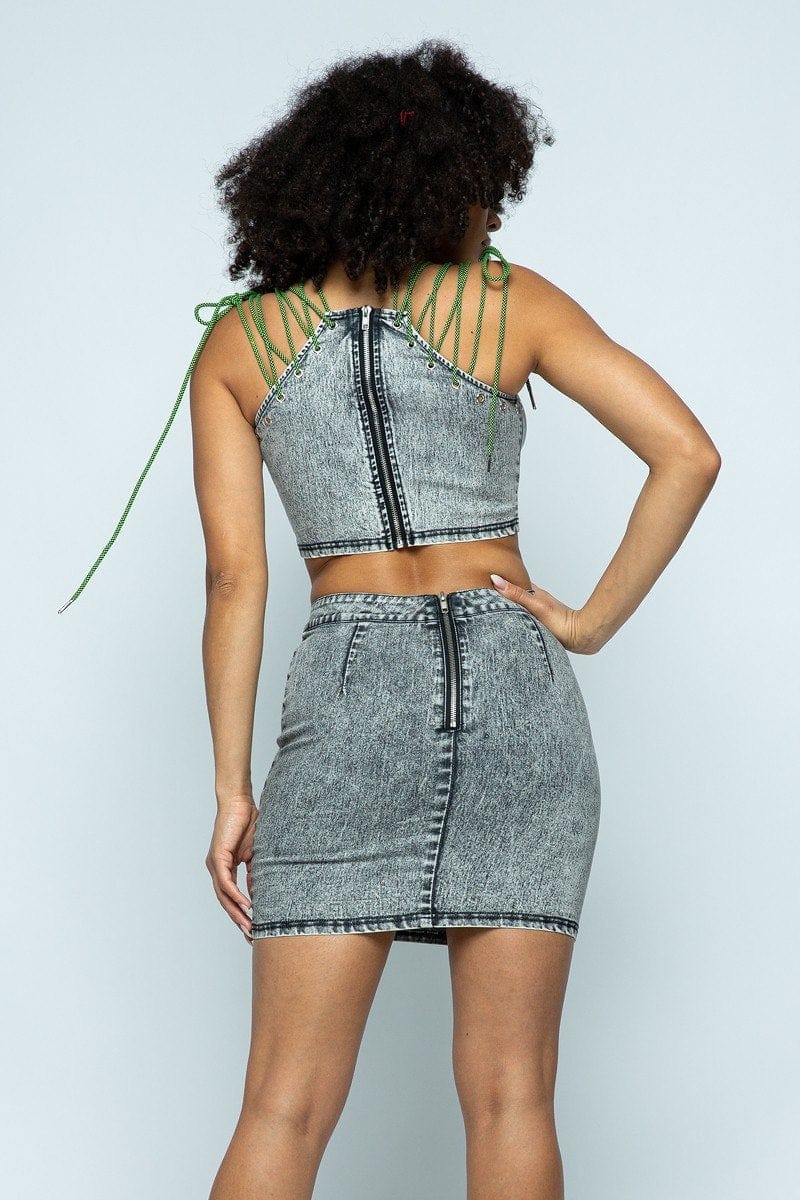 Stretchable Denim Cropped Top/stretchable Denim High-waist Skirt Set - Fashion Quality Boutik