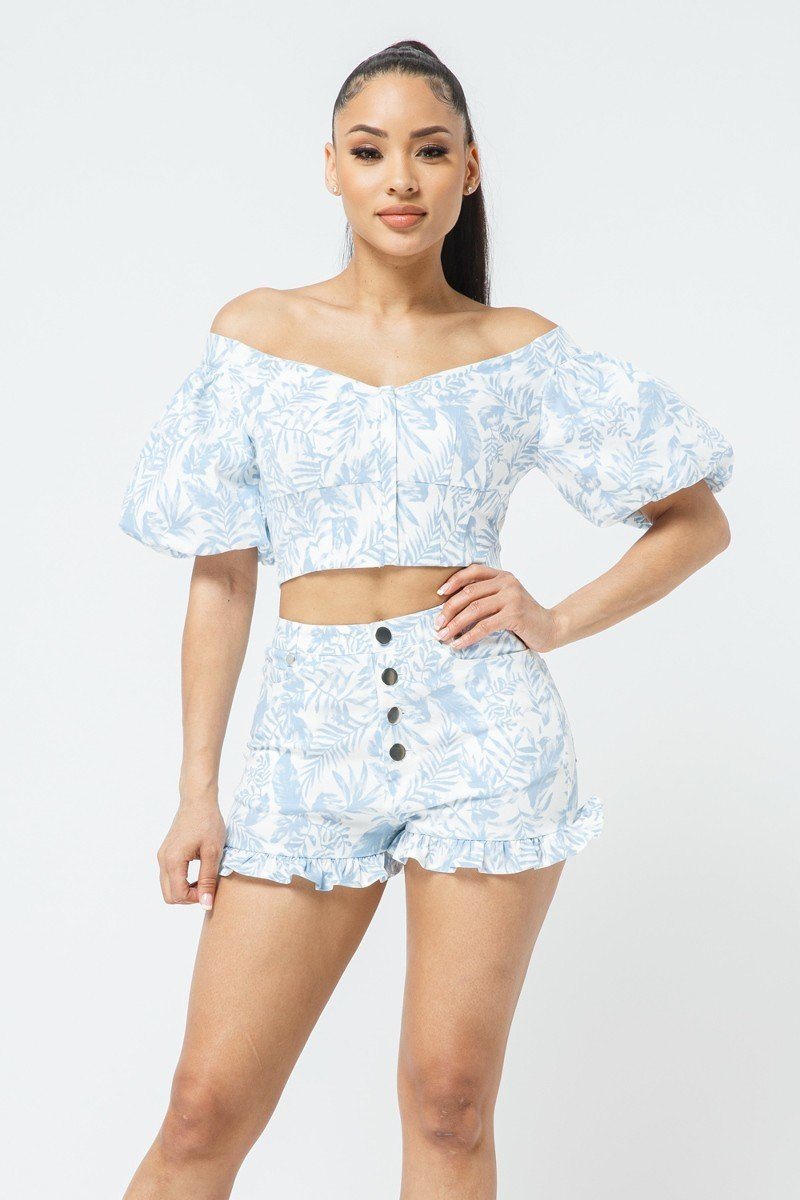 Cotton Off-shoulder Puff Sleeve Crop Top With Front Zipped Matching Shorts Set - Fashion Quality Boutik