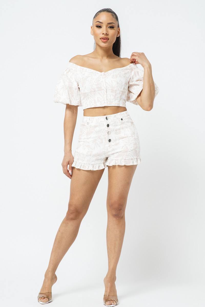 Cotton Off-shoulder Puff Sleeve Crop Top With Front Zipped Matching Shorts Set - Fashion Quality Boutik