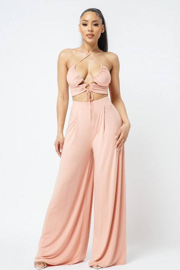 Cut Out With Key Hole Spaghetti Strap Top With Wide Pants Set - Fashion Quality Boutik