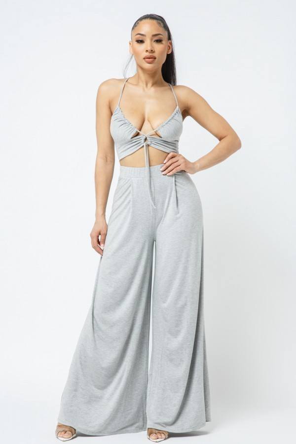 Cut Out With Key Hole Spaghetti Strap Top With Wide Pants Set - Fashion Quality Boutik
