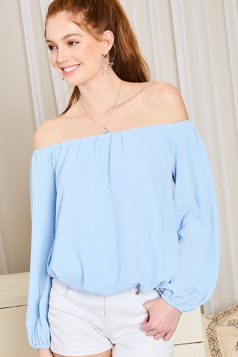 Off Shoulder Long Bubble Sleeve Solid Top - Fashion Quality Boutik