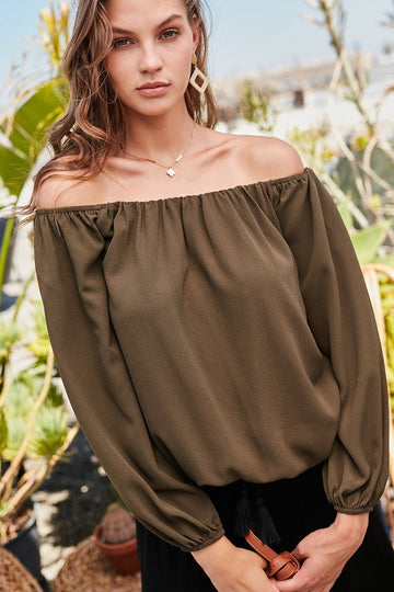 Off Shoulder Long Bubble Sleeve Solid Top - Fashion Quality Boutik