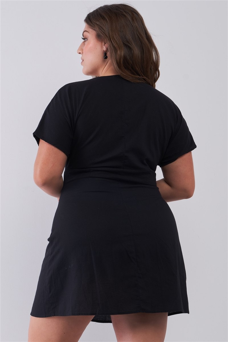 Plus Black Short Sleeve V-neck Front Button Down Cotton Mini Dress - Fashion Quality Boutik