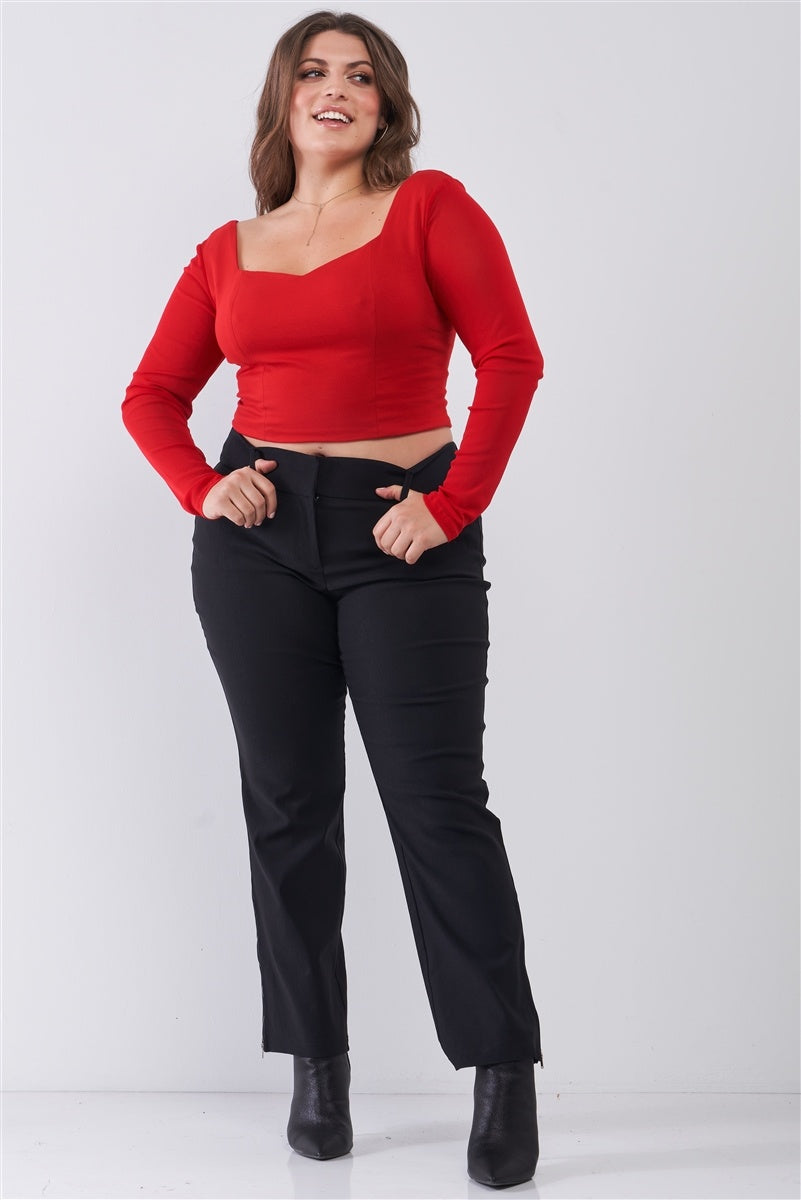 Plus Size Crimson Red Long Mesh Sleeve Sweetheart Neck Detail Structured Crop Top - Fashion Quality Boutik
