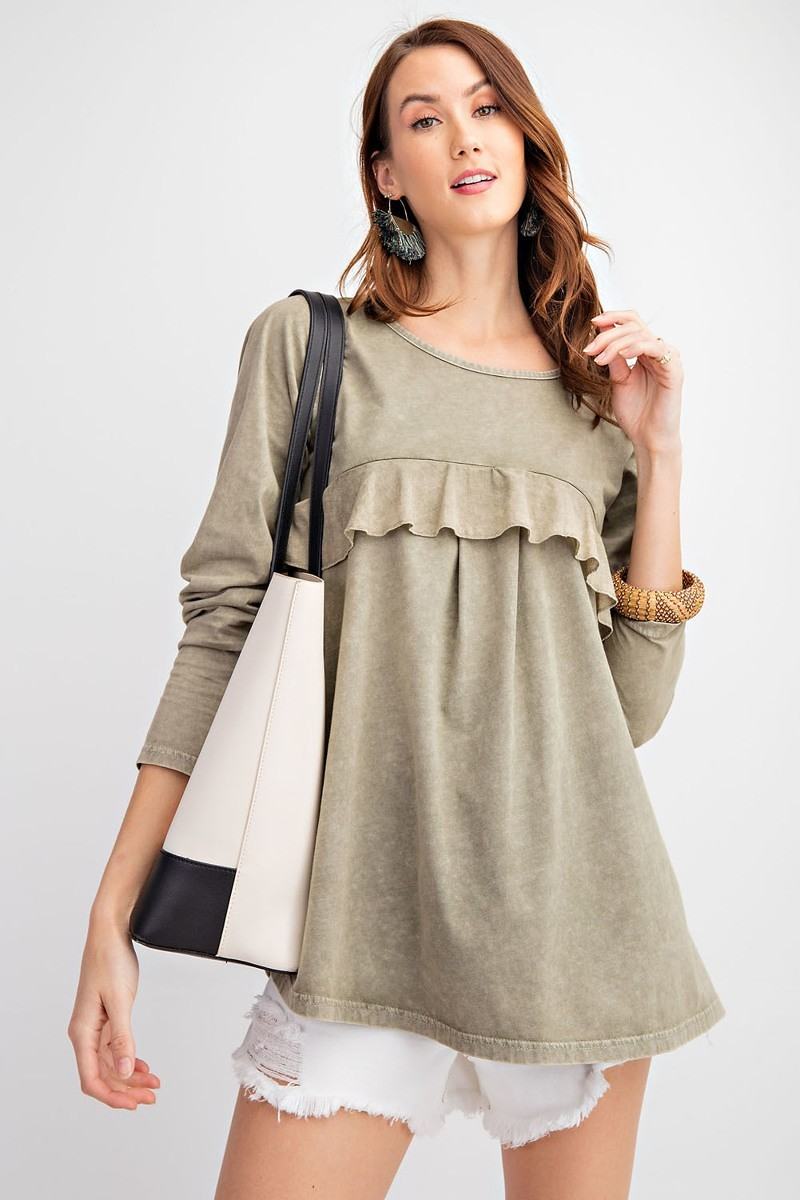 Long Sleeve Ruffled Detailing Oil Washed Knit Tunic - Fashion Quality Boutik