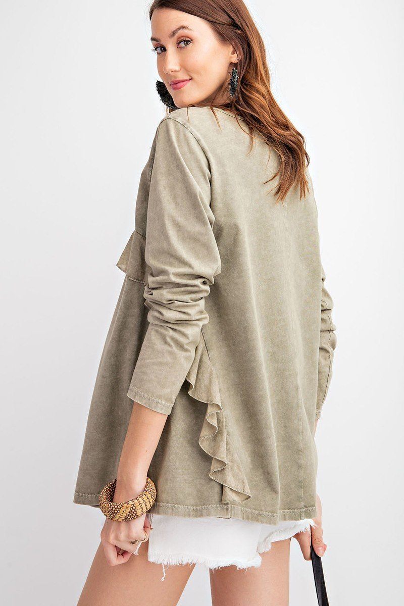 Long Sleeve Ruffled Detailing Oil Washed Knit Tunic - Fashion Quality Boutik
