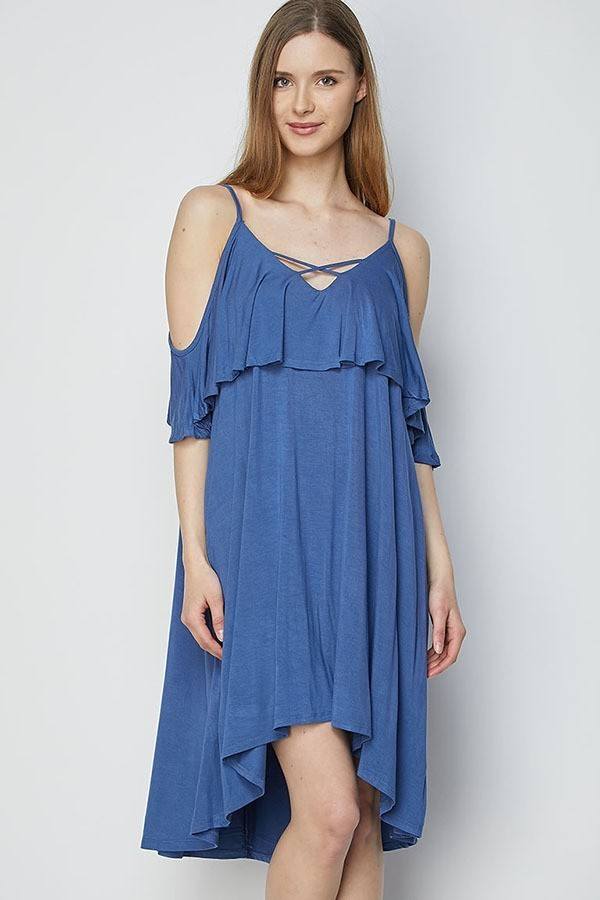 Solid Strappy Detail Cold Shoulder Ruffle Dress - Fashion Quality Boutik