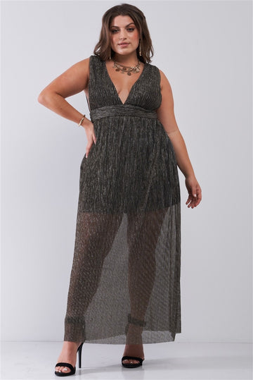 Plus Black & Gold V-neck Sleeveless Pleated Fabric Maxi Dress - Fashion Quality Boutik