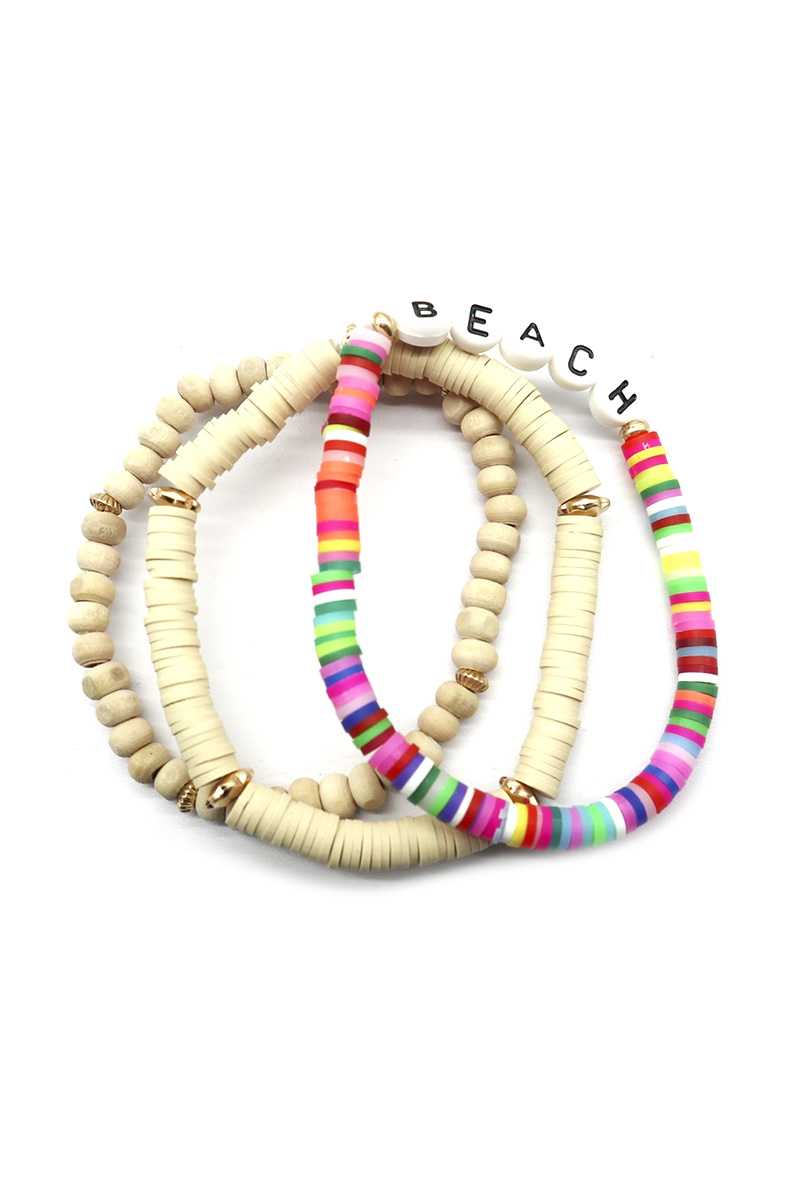 Fashion Wood Rubber Disc Bead Beach Letter Stretch Multi Bracelet - Fashion Quality Boutik