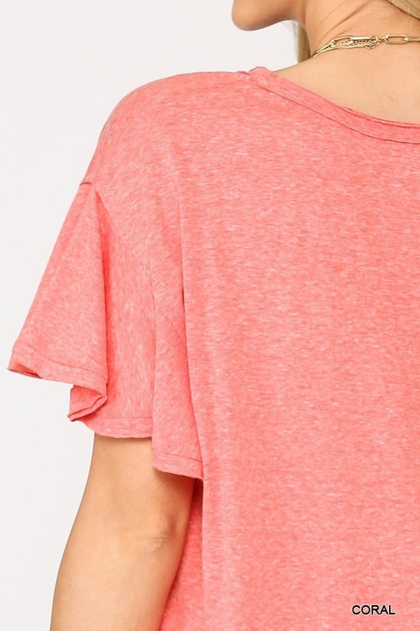 Solid Round Neck Frill Sleeve Top With Scoop Hem - Fashion Quality Boutik